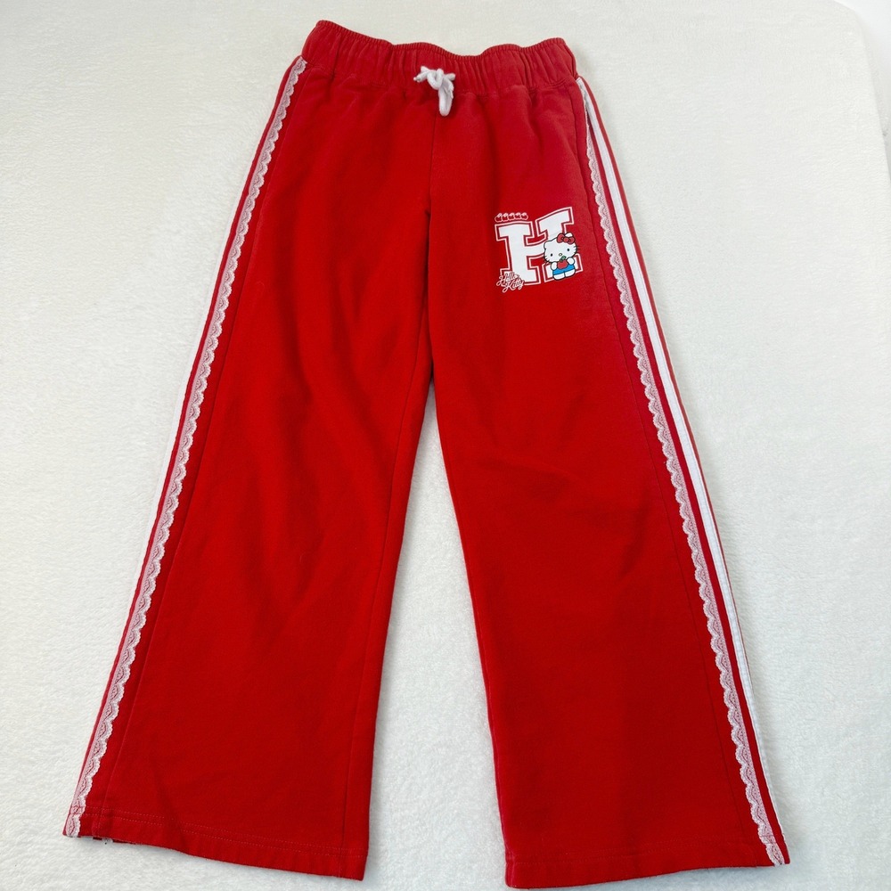 Hello Kitty Sanrio Sweatpants Womens Small Red Lace Trim‎ Wide Leg Varsity